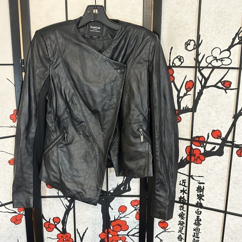 Bebe Genuine Leather Motocycle Jacket Small Black Asymmetrical Moto